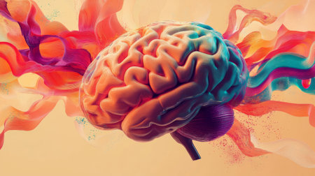 This vibrant abstract image showcases a colorful human brain surrounded by dynamic swirls. It symbolizes creativity, thought, and the essential workings of the mind.の素材