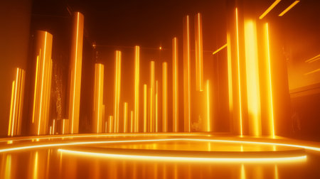 This captivating image features futuristic glowing orange pillars casting vibrant reflections in a dark space, creating a mesmerizing abstract environment perfect for design inspiration.の素材