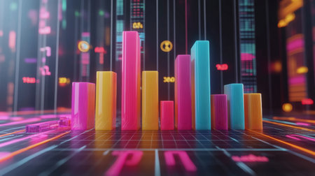 Vibrant 3D bar graph visualizes data trends and analysis in a modern digital environment, highlighting key metrics and statistics for effective business presentations.の素材