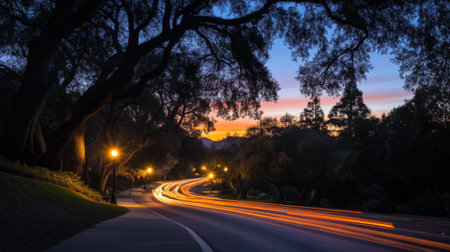 A picturesque evening view showcasing a winding road illuminated by light trails from passing vehicles. The silhouette of trees frames a vibrant sunset, creating a serene atmosphere.の素材