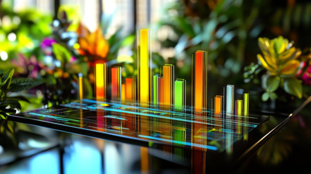 A digital tablet displays vibrant bar graphs and statistics amidst a lush, green environment, blending technology with nature for modern analytics.の素材