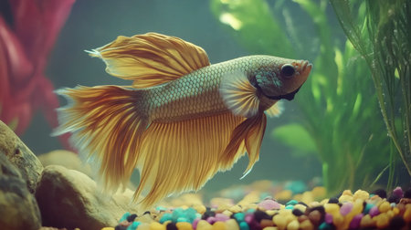 A stunning betta fish displays its vibrant colors and flowing fins while swimming in a colorful aquarium filled with decor and aquatic plants.の素材