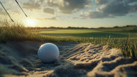 A serene view of a golf ball resting in a sand trap during sunset. The soft light casts gentle shadows across the green landscape, creating a peaceful ambiance.の素材