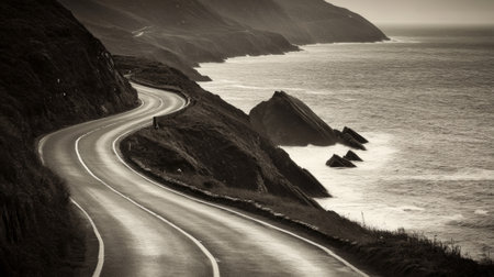 A winding coastal road elegantly curves along a rugged shoreline, showcasing the dramatic cliffs and rolling waves in a serene black and white composition.の素材