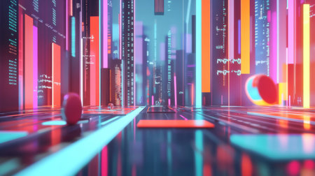 Explore a vivid futuristic cityscape filled with neon lights, abstract shapes, and vibrant colors, creating an energetic tech-inspired environment that mesmerizes.の素材