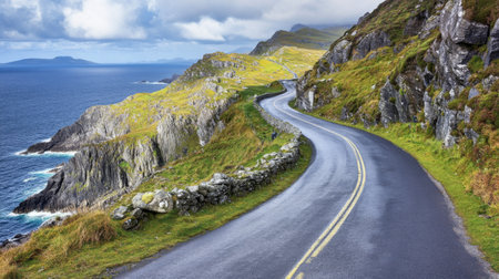 Experience the beauty of a winding coastal road surrounded by lush hills and an expansive ocean view, perfect for travel enthusiasts and nature lovers.の素材