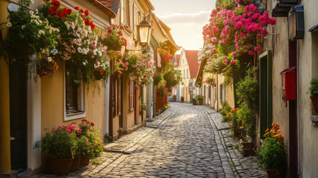 A charming cobblestone street adorned with vibrant flowers in baskets, inviting visitors to explore its historic architecture and serene ambiance during golden hour.の素材