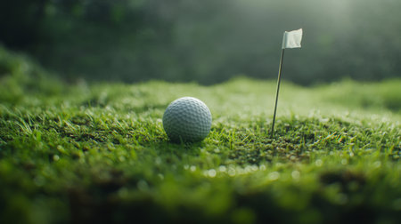 A golf ball rests on lush green grass near a small flag, capturing a serene moment in nature. Soft morning light enhances the peaceful outdoor setting.の素材