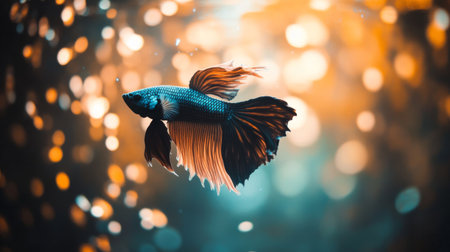 A vibrant betta fish displays its stunning colors and elegant fins while swimming through a serene underwater environment filled with soft sunlight beams.の素材