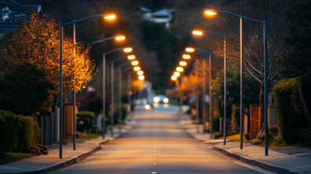 A peaceful evening street lined with warm streetlights creating a serene atmosphere. The soft focus enhances the tranquil mood of the suburban scene at dusk.の素材