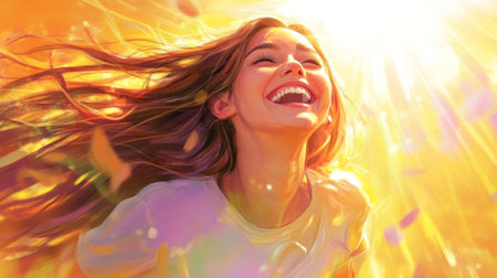 A cheerful woman experiences joy under bright sunlight, her hair flowing freely. This vibrant scene captures the essence of happiness and carefree moments in nature.の素材