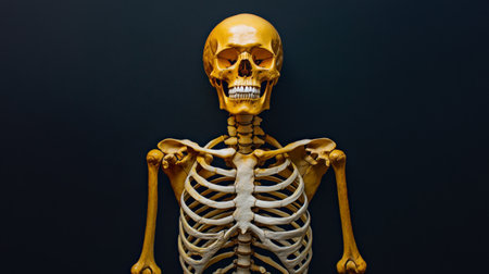 This image showcases a detailed human skeleton model against a dark background, illustrating essential anatomy for educational and medical purposes.の素材