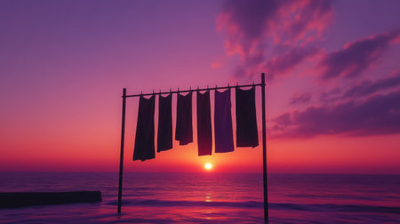 Breathtaking sunset view over ocean waters with clothes hanging on a rack. The scene captures tranquil colors, evoking a sense of peace and relaxation.の素材