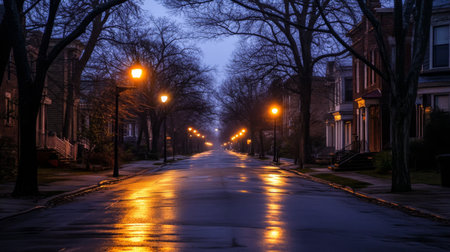 A tranquil scene showcasing an empty street at twilight, illuminated by glowing streetlamps. The reflective pavement adds to the serene atmosphere of this peaceful neighborhood.の素材
