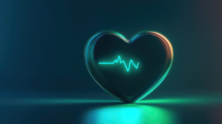 A digital illustration of a heart monitor displaying a stable heartbeat line, glowing softly in green and blue tones, symbolizing health monitoringの素材