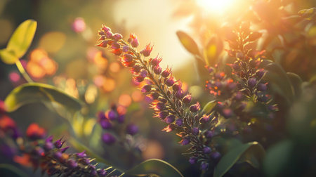 A detailed macro shot of a wildflower with vibrant colors and intricate textures, set against a natural background of greenery and sunlight.の素材