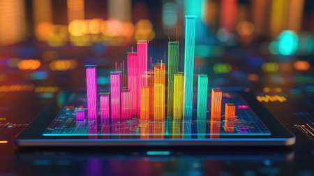 A digital D bar graph emerging from a tablet screen, representing real-time financial data and analytics, with vibrant bars illustrating increasing revenues and performance.の素材