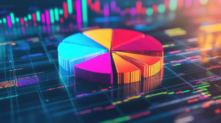 A dynamic D pie chart with vibrant sections, hovering above a grid background with digital data and percentages, representing a breakdown of business performance.の素材