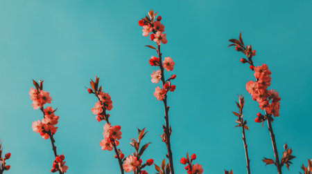 A detailed photo of cherry blossom branches against a bright blue sky, showcasing the intricate details of the flowers and the fresh, vibrant colors of spring.の素材