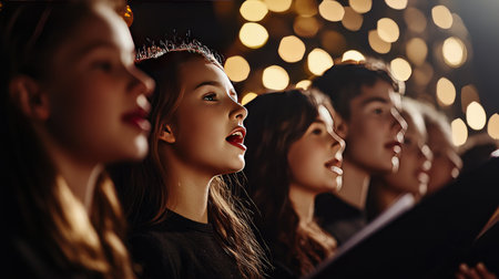 A dynamic shot of a choral group performing a festive song during a holiday concert, decorated with seasonal elements, emphasizing the spirit of celebration through music.の素材