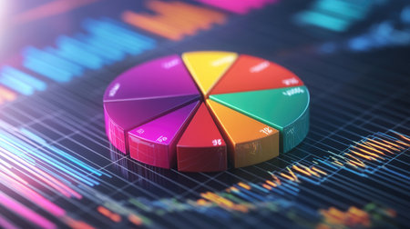A dynamic D pie chart with vibrant sections, hovering above a grid background with digital data and percentages, representing a breakdown of business performance.の素材