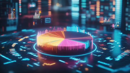 A dynamic D pie chart emerging from a digital interface, representing quarterly earnings distribution, surrounded by floating icons symbolizing various financial metrics, highlighting innovation in finance.の素材