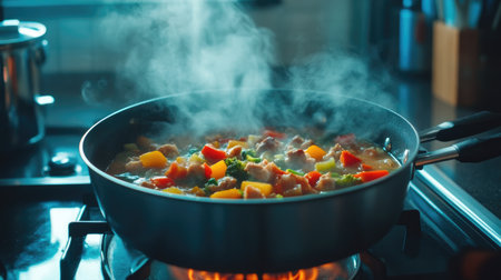A high-angle shot of a bubbling pot of soup on the stove, with colorful vegetables and meat visible through the steam, creating a comforting cooking scene.の素材