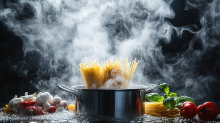 A dynamic image of a pot with boiling water, with steam swirling around and kitchen ingredients like pasta or vegetables ready to be added.の素材