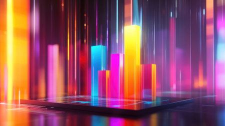 A dynamic D bar graph with vibrant colors representing different financial metrics, rising from a sleek platform, with lines and numbers floating in the background.の素材