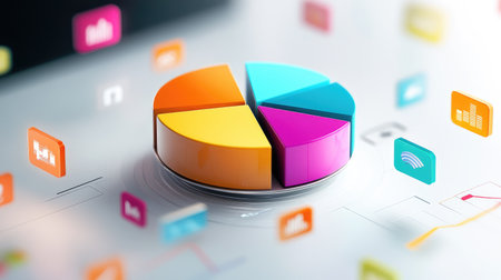 A dynamic D pie chart emerging from a digital interface, representing quarterly earnings distribution, surrounded by floating icons symbolizing various financial metrics, highlighting innovation in finance.の素材