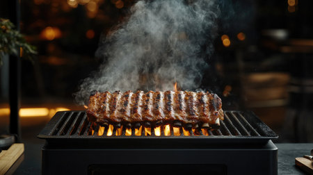 A dynamic image of pork ribs being grilled over an open flame, with smoke rising and the ribs getting a perfect sear, showcasing the grilling process.の素材