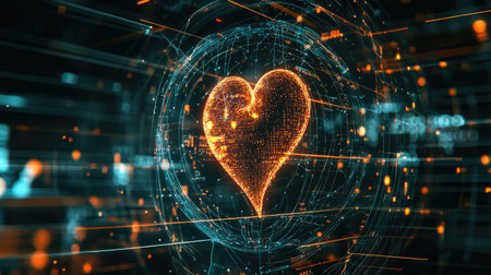 A futuristic depiction of a heartbeat displayed on a transparent screen, with data analytics surrounding it, illustrating modern medical technologyの素材