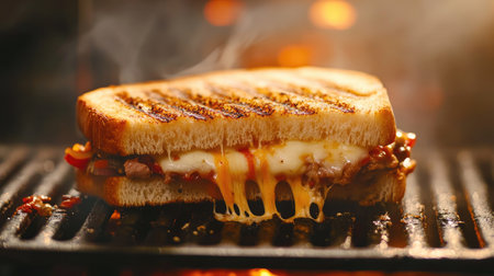 A dynamic image of a toasted sandwich being grilled, with cheese and other ingredients oozing out, set against a clean, modern kitchen background.の素材