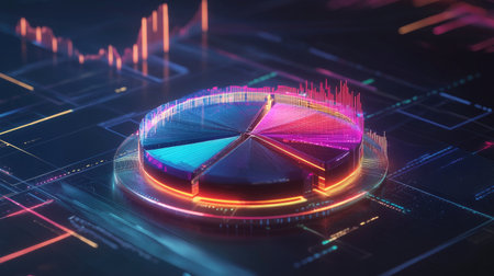 A futuristic D pie chart with segmented pieces, each representing a different percentage of data, floating in a digital environment with lines and graphs in the background.の素材