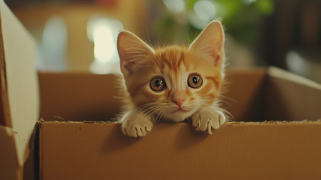 A kitten peeking out from a cardboard box, with its curious eyes and tiny paws visible, showcasing its playful and endearing nature.の素材