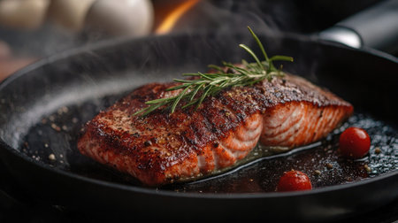A dynamic cooking scene featuring a chef skillfully searing salmon in a hot skillet, with sizzling sounds and steam creating an enticing atmosphere in a modern kitchen.の素材