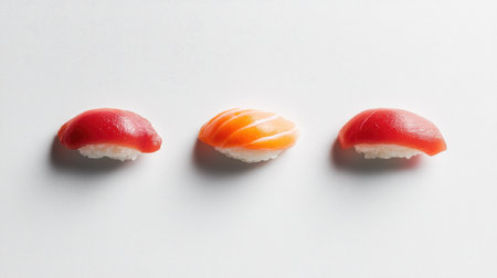 A minimalist presentation of three sushi nigiri pieces tuna, salmon, and shrimp on a white background, with each piece carefully placed in a straight line.の素材