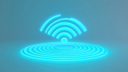 A minimalist design of a Wi-Fi icon glowing in neon blue, with signal waves spreading out in concentric circles, isolated on a plain white background to focus on the symbol.の素材