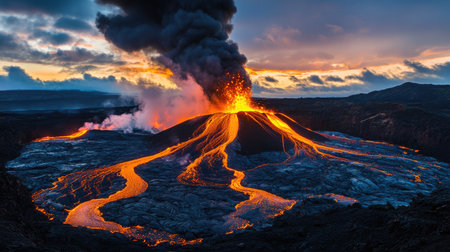 A massive volcano erupting at dusk, with thick black smoke billowing into the sky and streams of molten lava flowing down the mountainside, illuminating the dark landscape.の素材