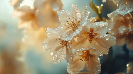 A close-up shot of cherry blossoms with droplets of morning dew on the petals, capturing the delicate beauty of the flowers in soft, natural light.の素材