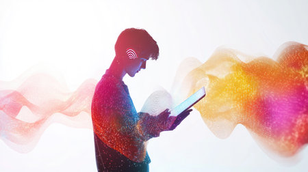 A conceptual image of a person holding a tablet, with digital Wi-Fi signal waves emanating from the device, set against a bright white background to emphasize wireless communication.の素材