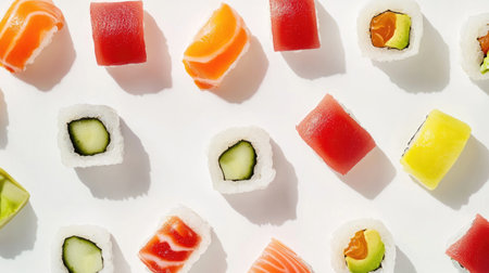 A colorful assortment of sushi rolls and nigiri arranged on a clean white background, showcasing fresh ingredients like tuna, salmon, avocado, and cucumber.の素材