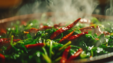 A close-up shot of hot and colorful stir-fried water spinach, with steam rising and bright greens contrasting against the red chili, inviting viewers to indulgeの素材