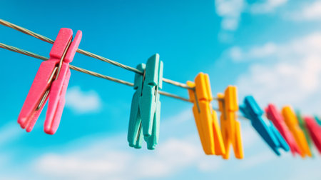 A captivating image featuring colorful clothespins hanging on a clothesline against a bright blue sky. This photograph captures the essence of outdoor laundry activities on a sunny day, showcasing vibrant colors and a cheerful atmosphere.の素材