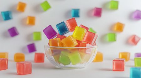 A festive scene with a bowl of rainbow-colored jelly cubes, with a focus on the bright and inviting colors and a clean white background enhancing the visual appeal.の素材