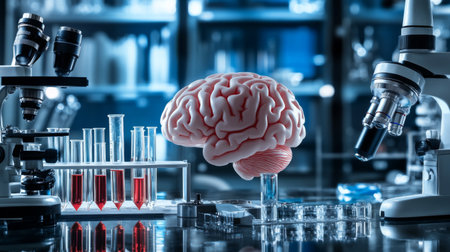 Close-up of a brain model surrounded by lab equipment symbolizing scientific research in neuroscience and biology, showcasing innovation and discovery.の素材
