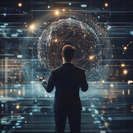 A businessman standing confidently in a futuristic office, holding a floating digital globe surrounded by network lines and glowing dots.の素材