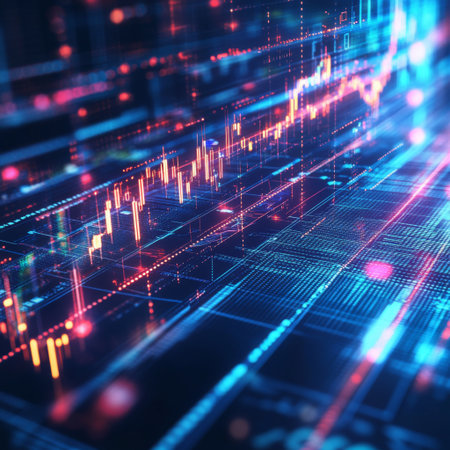 An abstract background of D trading graphs intersecting with currency symbols and futuristic light trails.の素材