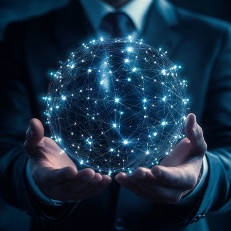 A businessman in a formal suit holding a glowing holographic globe with interconnected digital nodes representing global connectivity.の素材