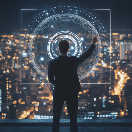 A businessman standing outdoors, pointing to a target concept on a holographic screen, with a cityscape in the background.の素材